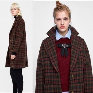 Zara Women Double Breasted Plaid Wool Coat Jacket Size XS